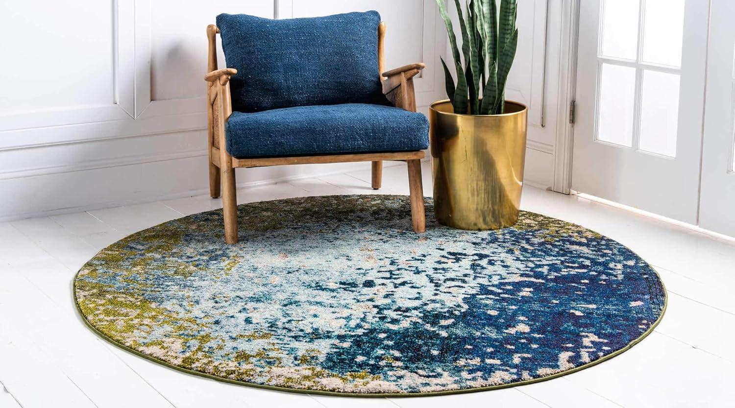 8' Round Blue Abstract Stain-Resistant Synthetic Rug