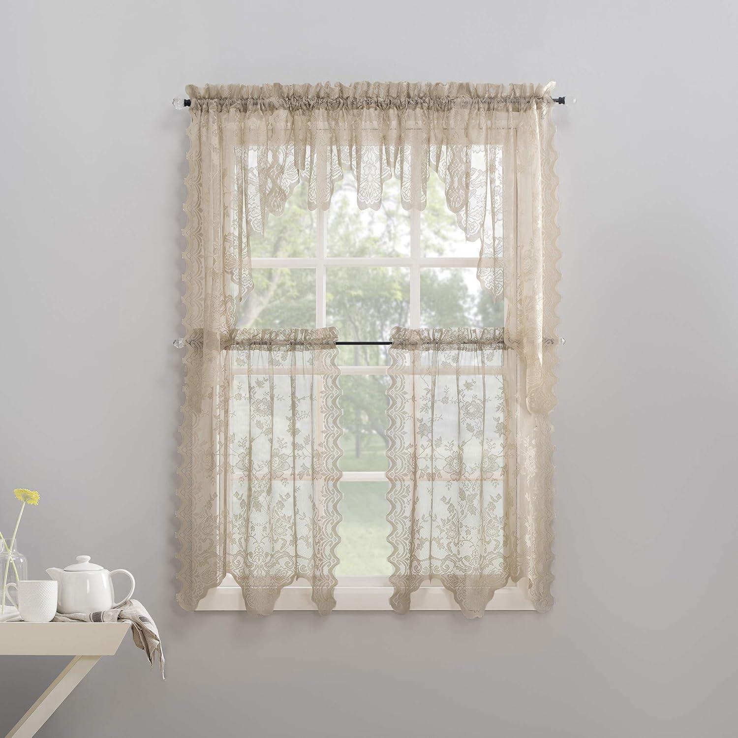 2pc 58"x24" No. 918 Sheer Alison Floral Lace Rod Pocket Kitchen Curtain Tier Pair Beige: Kitchen Window Curtains