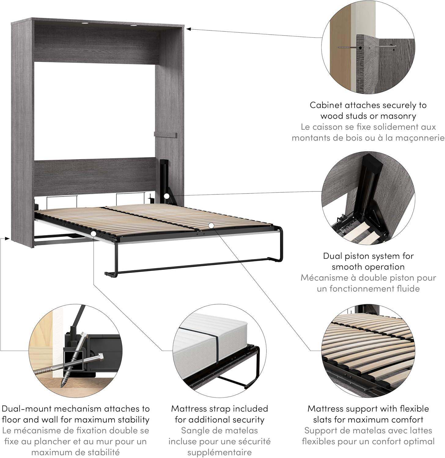 Gray Wood Queen Murphy Bed with Upholstered Frame and Drawer