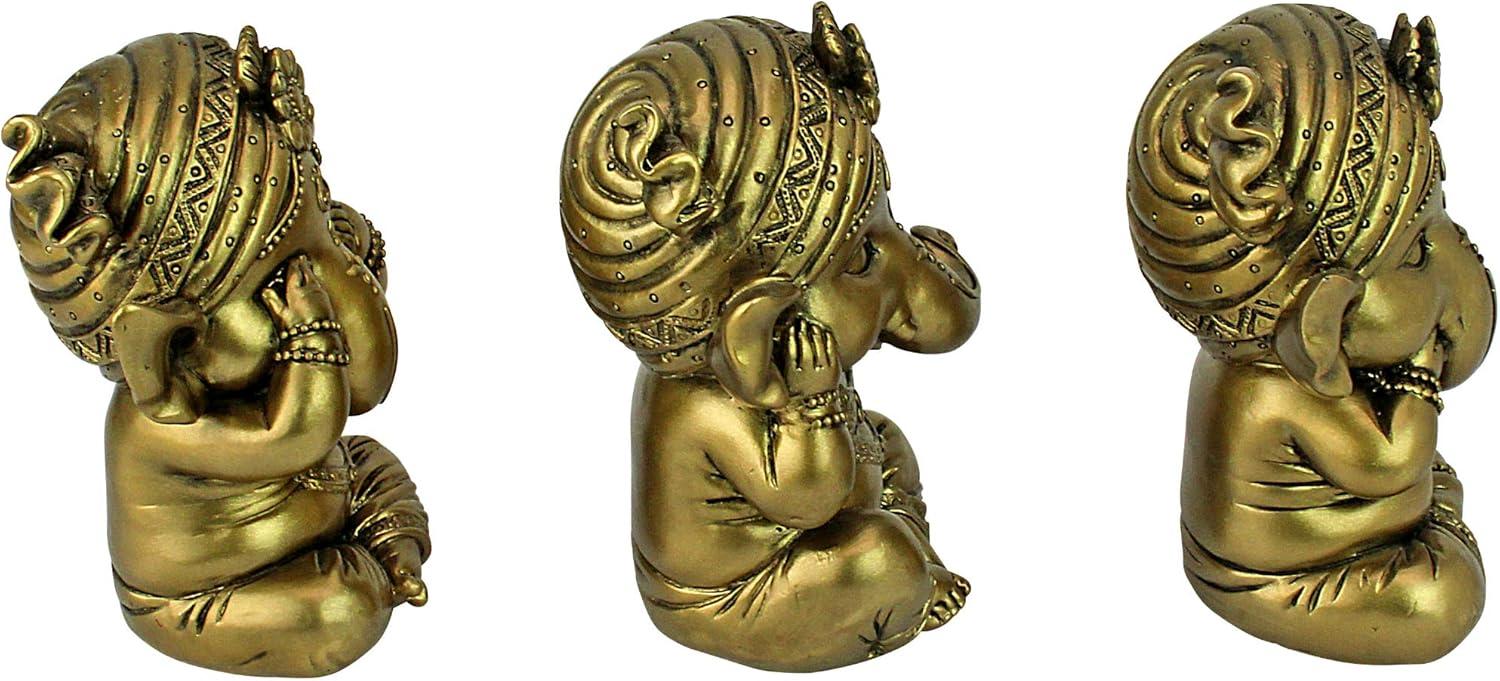Pacific Giftware Set of Three Ganesha See No Evil Hear No Evil Speak No Evil Decorative Shelf Sitter Figurines 4 inch Tall Gold Finish