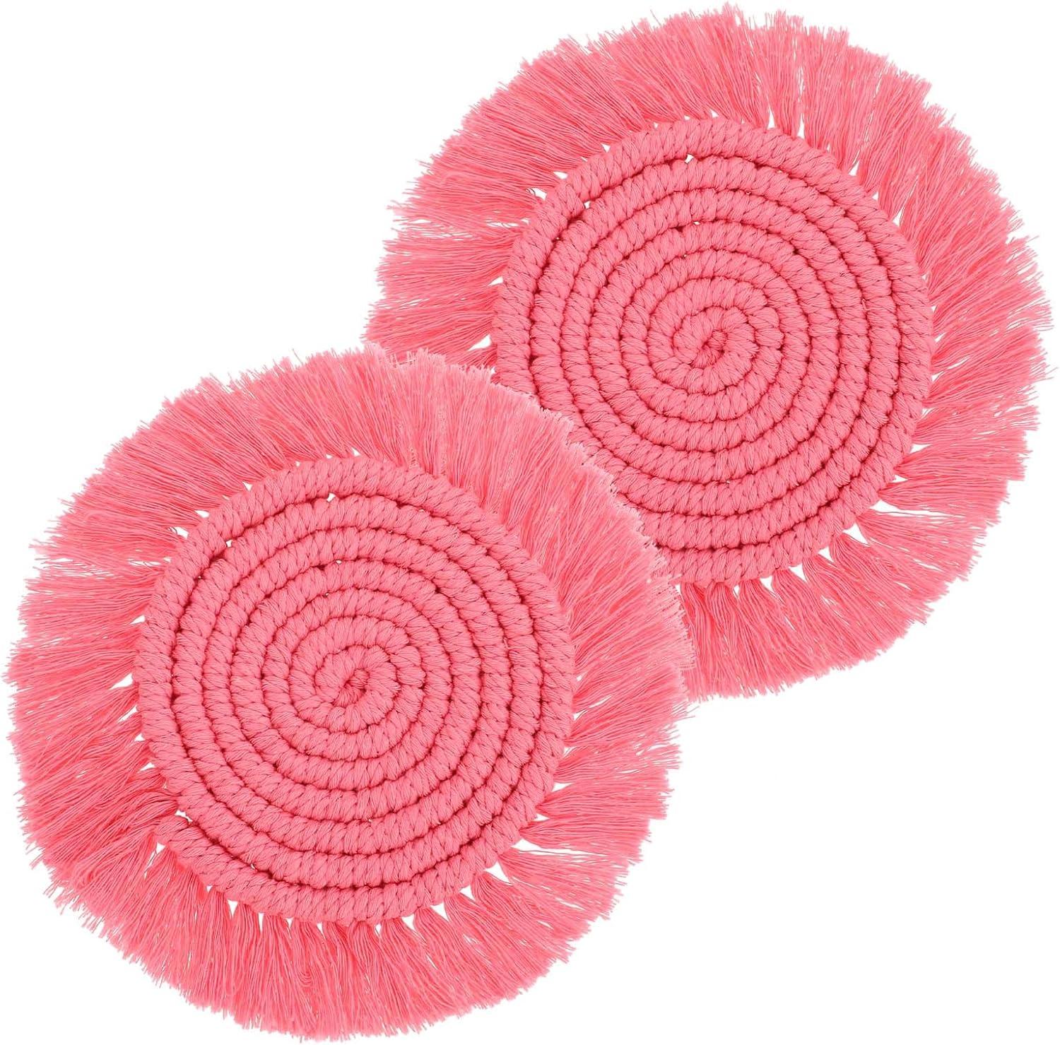 2 Posavasos Bohemios de Macramé para Bebidas, Posavasos Absorbentes con Borla, Posavasos Redondos de Algodón Hechos a Mano de 7 Pulgadas para Mesa de Escritorio, Cocina, Oficina, Hogar, Bar, Protección de Mesa, Regalo de Inauguración de la Casa, Rosa