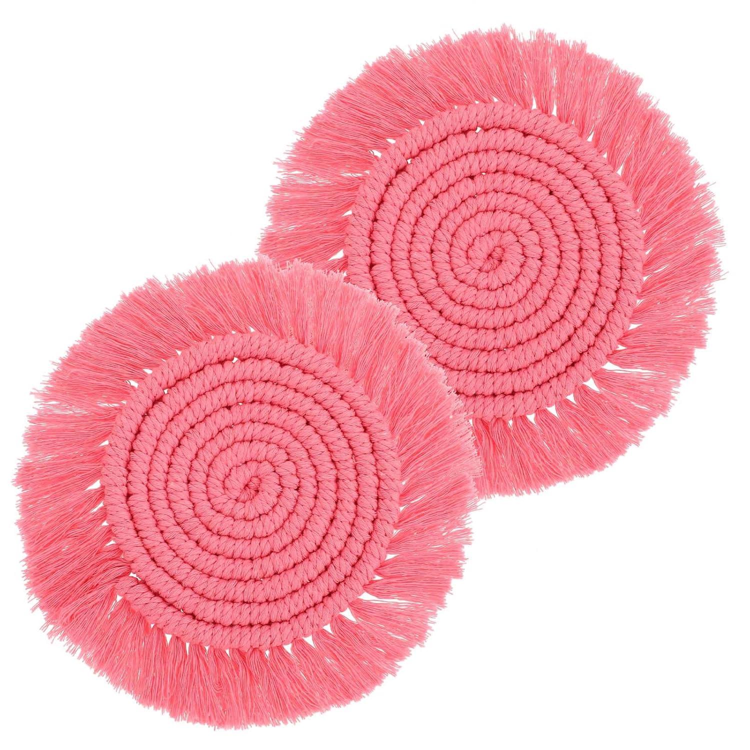 2 Posavasos Bohemios de Macramé para Bebidas, Posavasos Absorbentes con Borla, Posavasos Redondos de Algodón Hechos a Mano de 7 Pulgadas para Mesa de Escritorio, Cocina, Oficina, Hogar, Bar, Protección de Mesa, Regalo de Inauguración de la Casa, Rosa