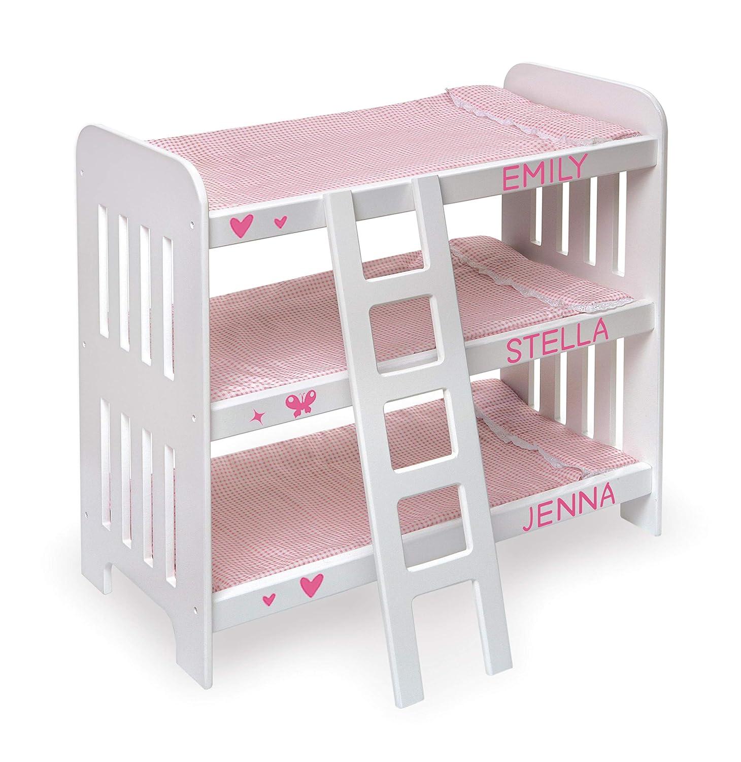 Badger Basket Triple Doll Bunk Bed with Ladder, Bedding, and Free Personalization Kit - Pink Gingham