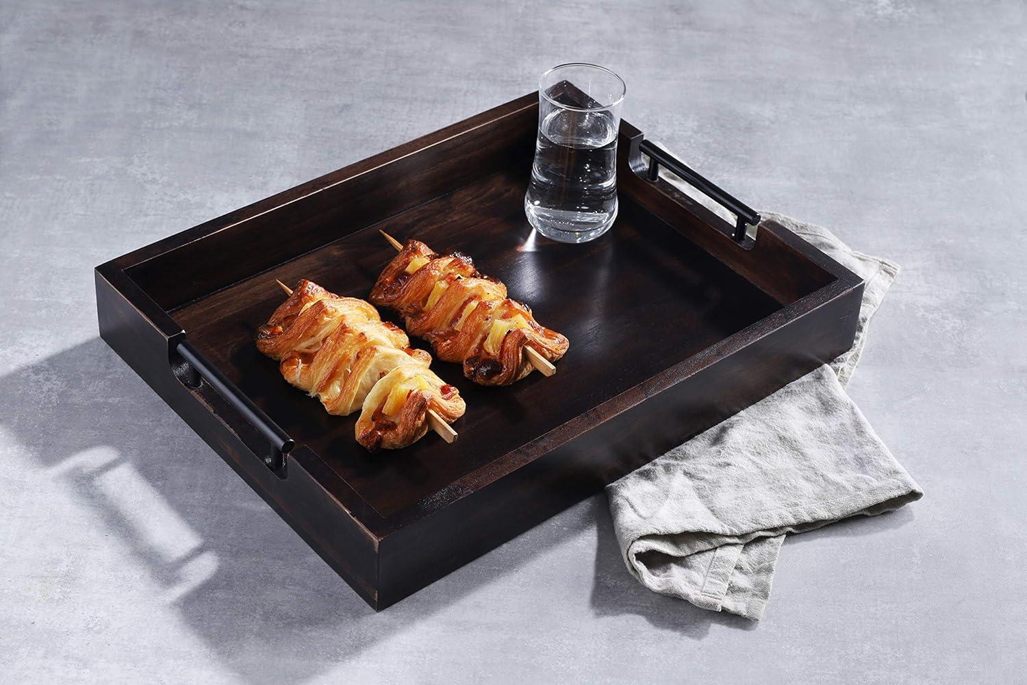Ottoman Tray, 16.5"x12.5"x2.5" Acacia Wood Serving Tray with Black Metal Handles, Great for Ottoman Tray, Food Tray, Breakfast Tray, Eating Tray