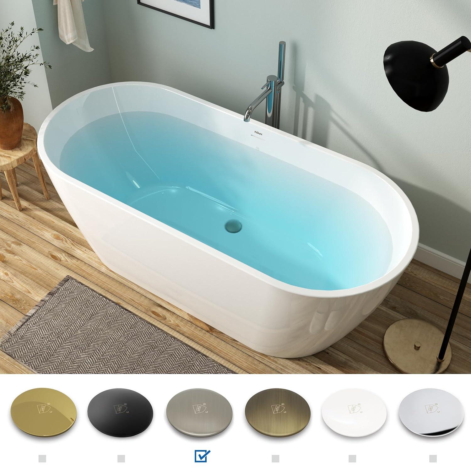 FerdY Bali Elite 67" x 30" Freestanding Soaking Acrylic Bathtub with Brushed Nickel Drain FerdY-02138-1700-BN