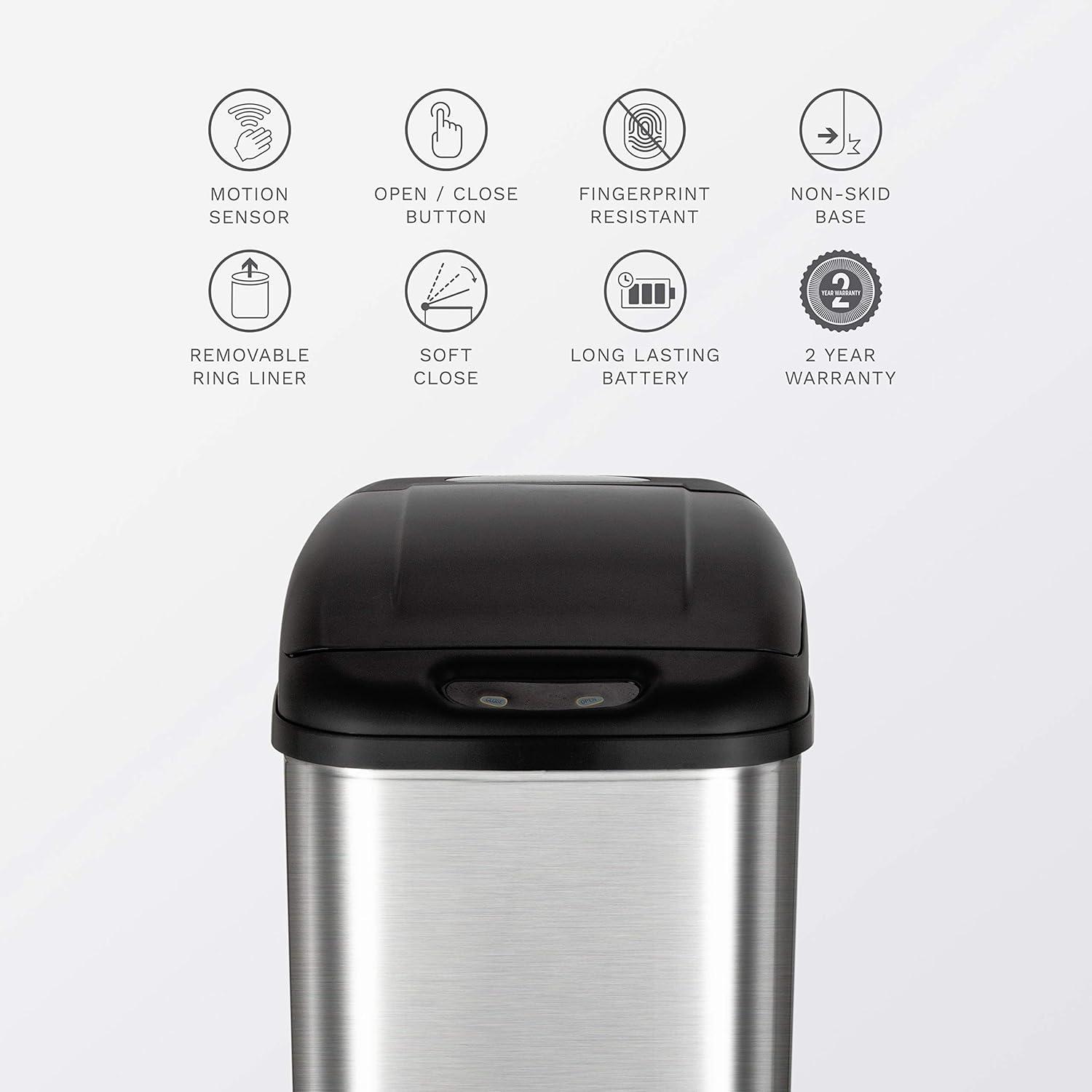 13 Gallon Stainless Steel Touchless Motion Sensor Trash Can with Black Lid