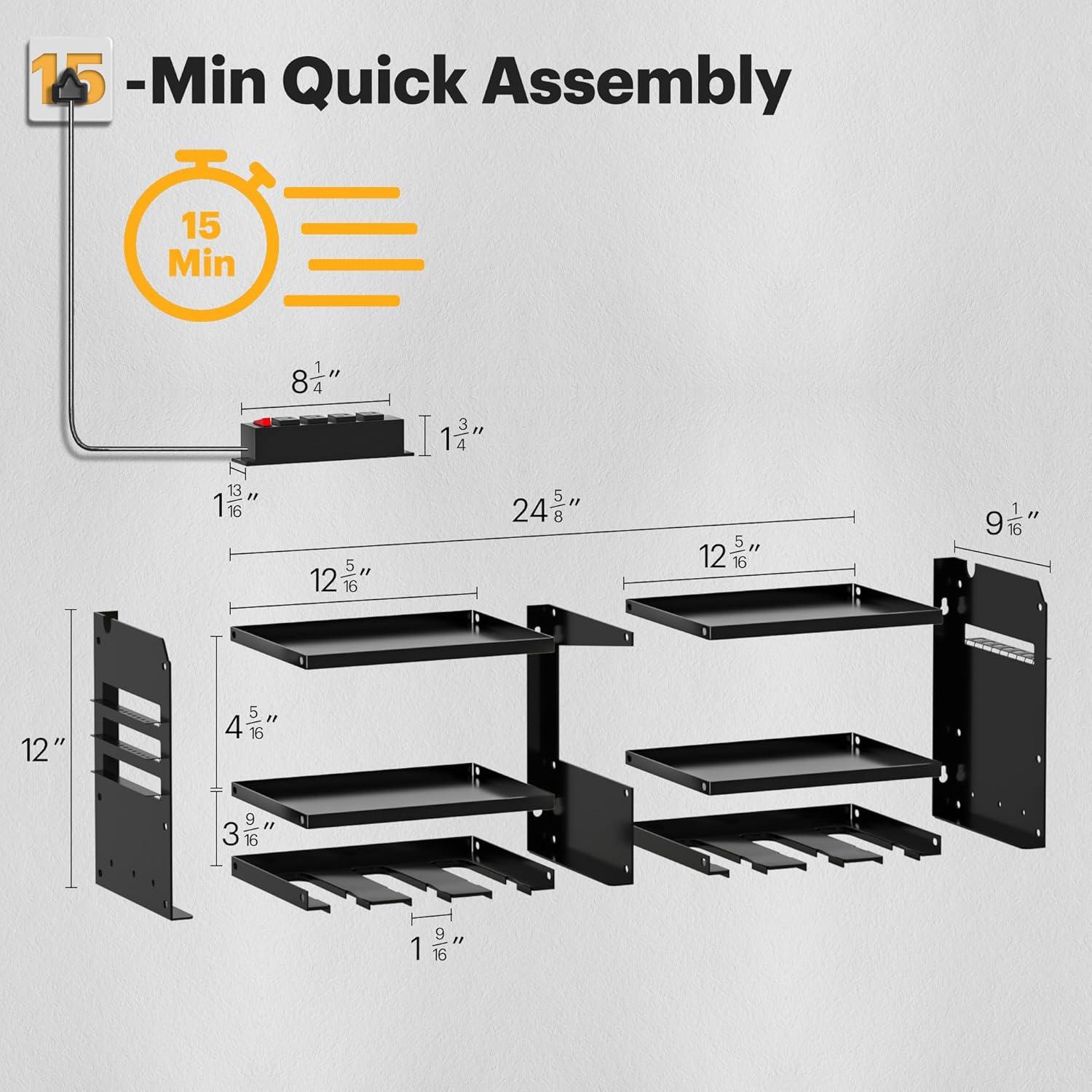 Power Tool Organizer Wall Mount with Charging Station, Garage Tool Shelf 6 Drill Holders, Tool Battery Holder with Screwdriver Heavy Duty Rack, Tool Storage Rack with 4 Outlet Power Strip