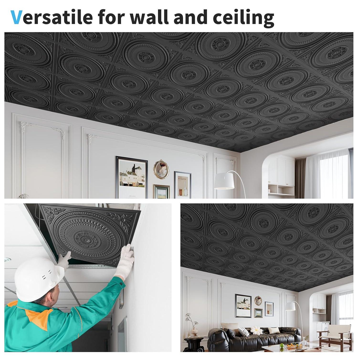 Art3d 12-Pack Drop Ceiling Tiles 2x2 FT, Decorative Easy Install PVC Ceiling Panels for Interior Kitchen Bathroom Basement, 24x24 Inch, Black