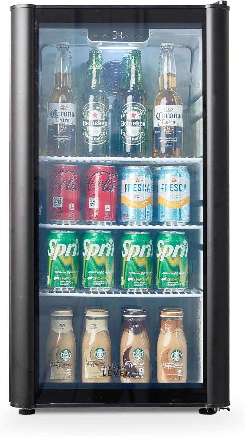 Premium Levella PRF37DX Glass Door Display Refrigerator 3.1 cu ft Commercial Beverage Cooler Merchandiser - Black