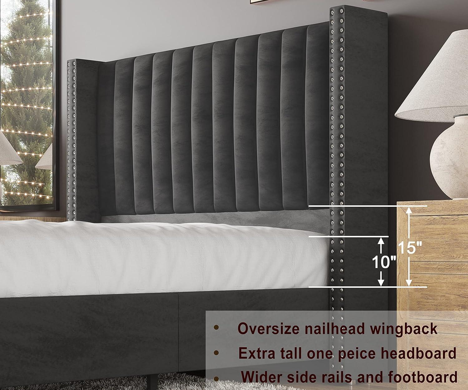 Queen Dark Gray Velvet Upholstered Platform Bed with Nailhead Trim