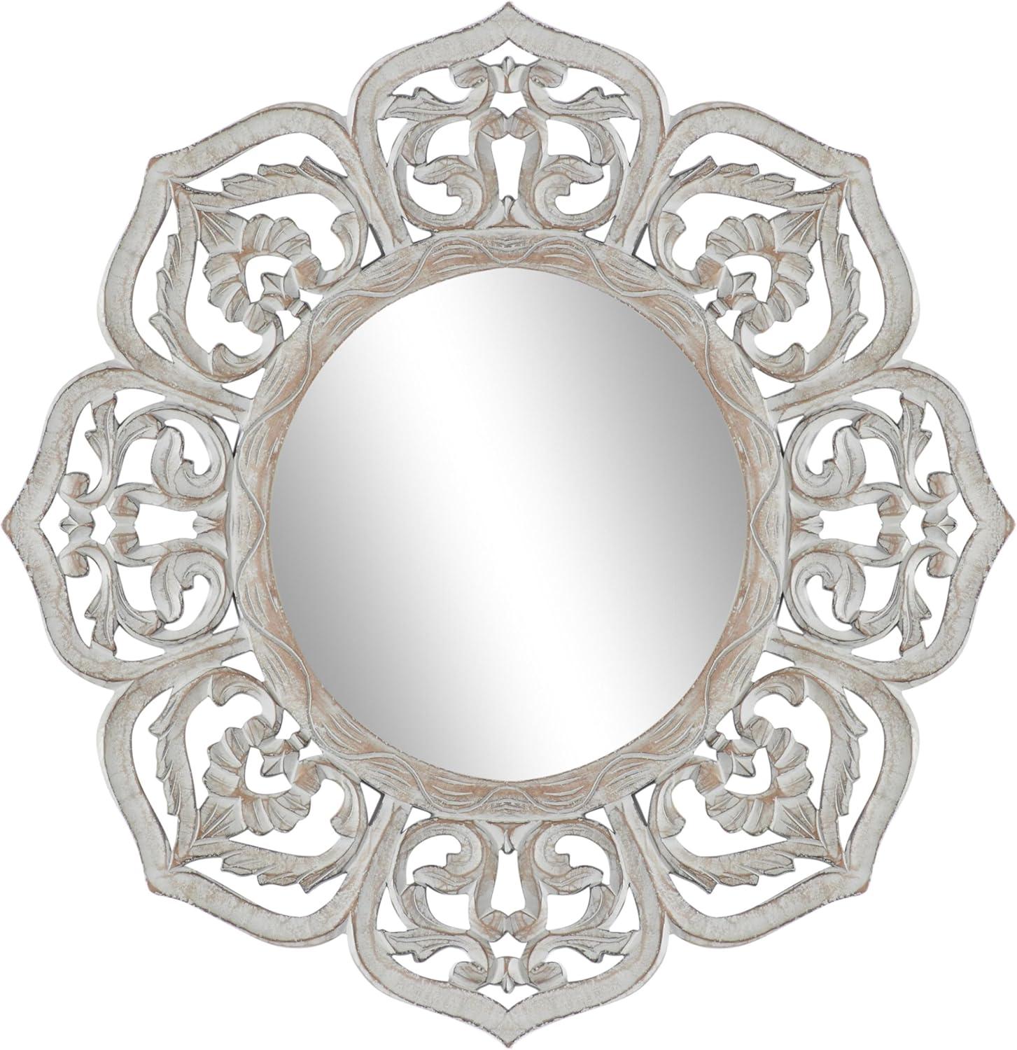 32" Distressed White Carved Floral Round Wall Mirror