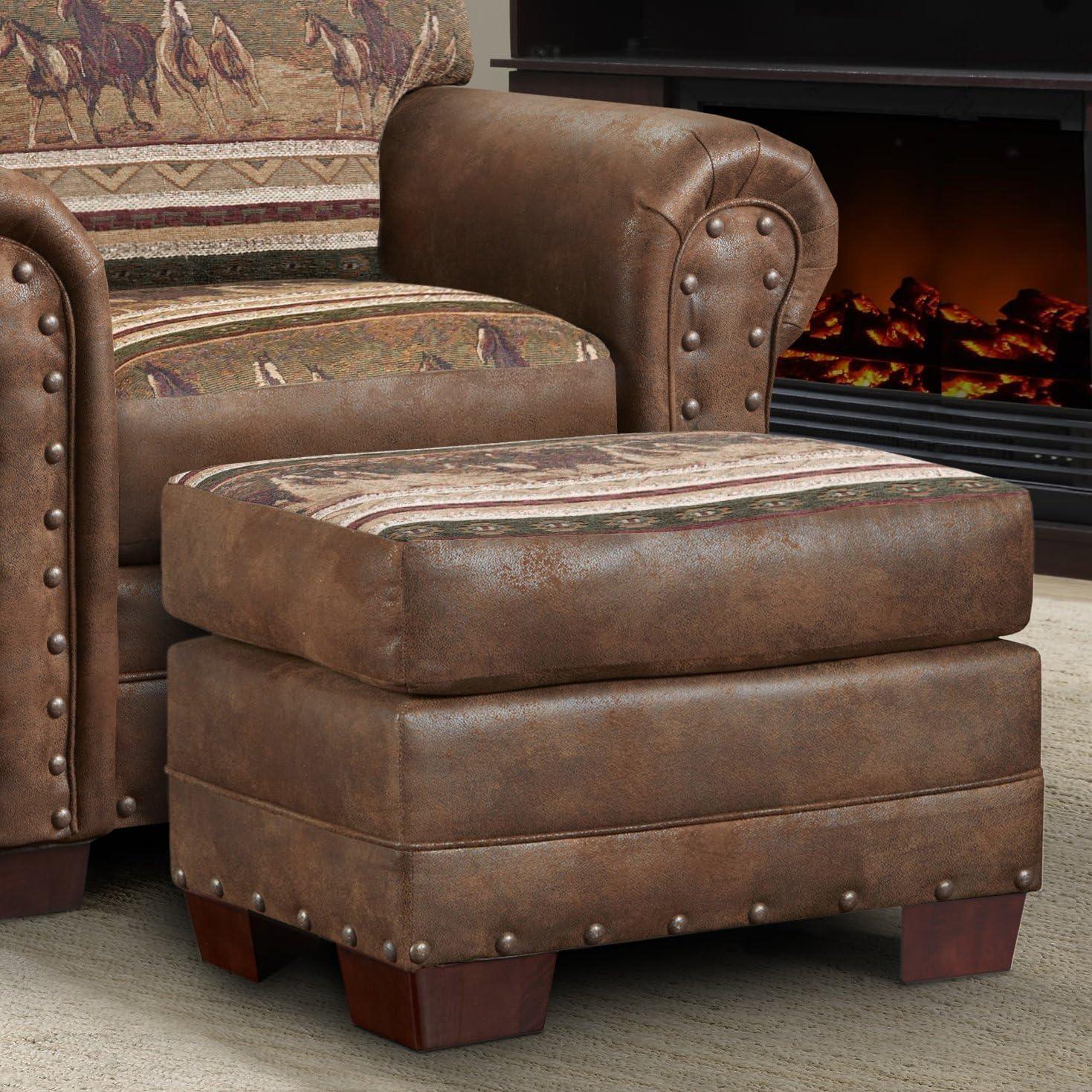 American Furniture Classics 26.5" Microfiber Wild Horses Ottoman in Brown