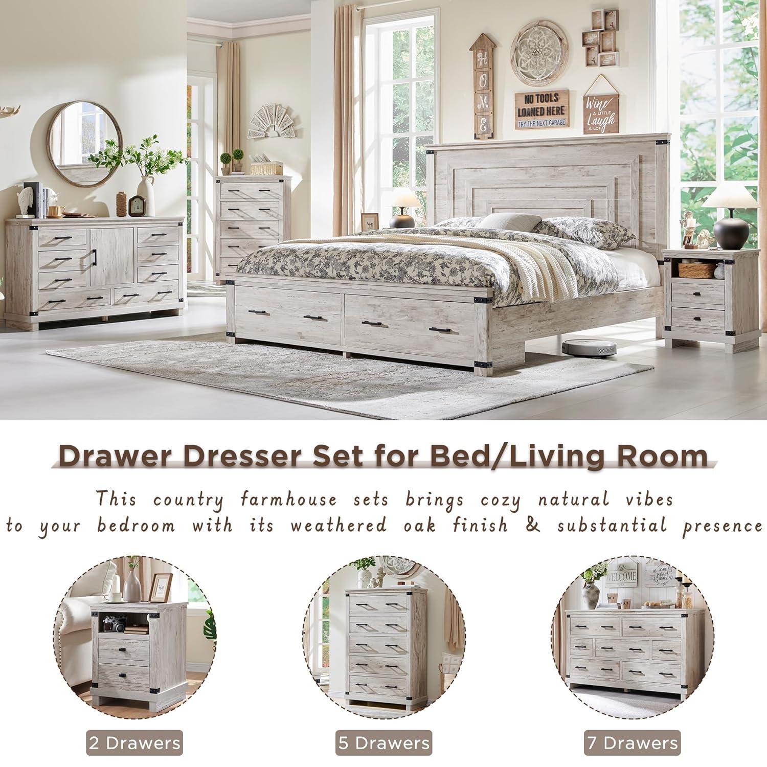 OKD Farmhouse 8 Drawer Dresser for Bedroom with Adjustable Shelf, Wood Long Chest of Drawers with Thick Plank Styling, Rustic Large Closet Dresser for Bedroom, Living Room, Antique White