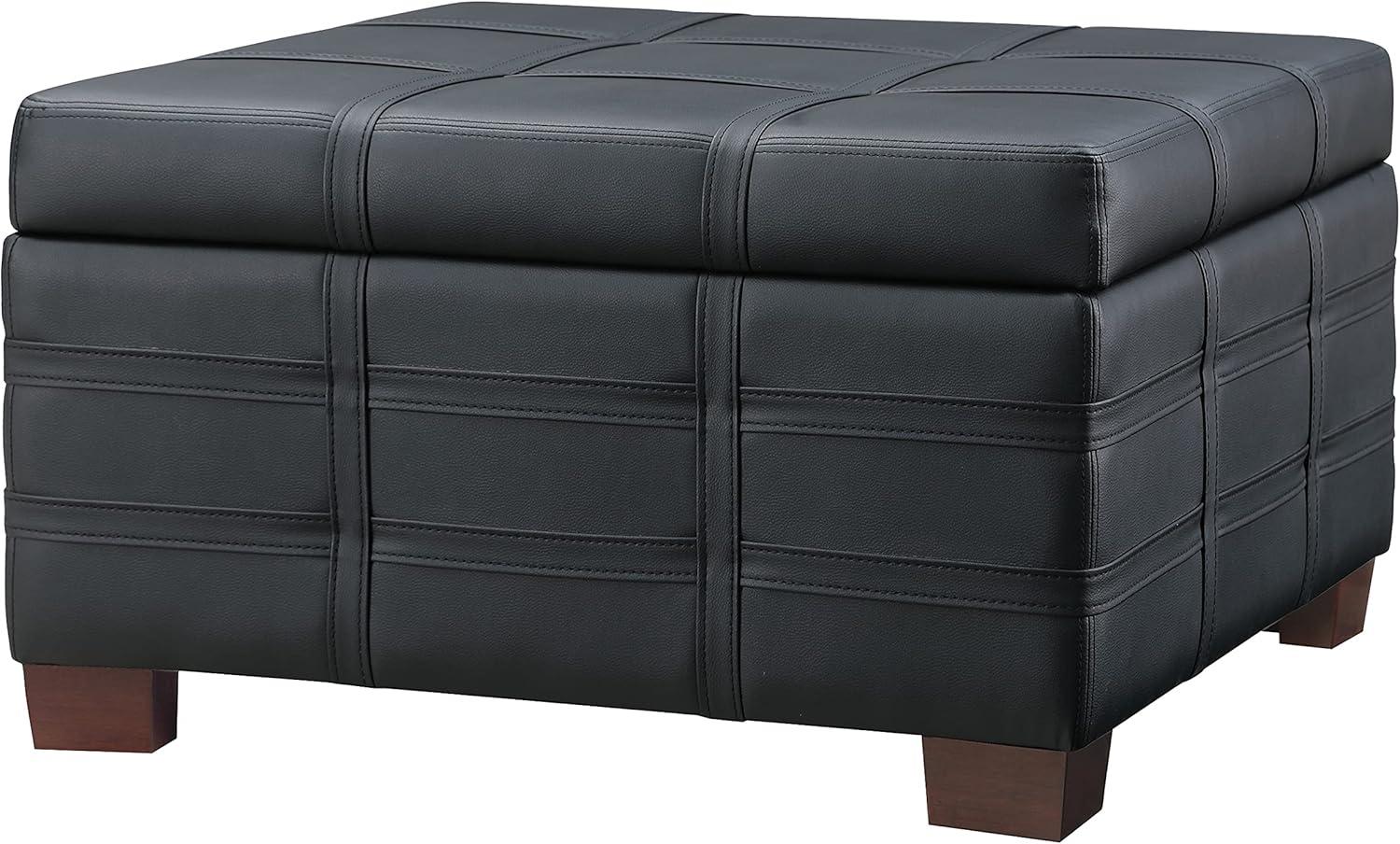 Detour Strap Square Storage Ottoman in Black Faux Leather