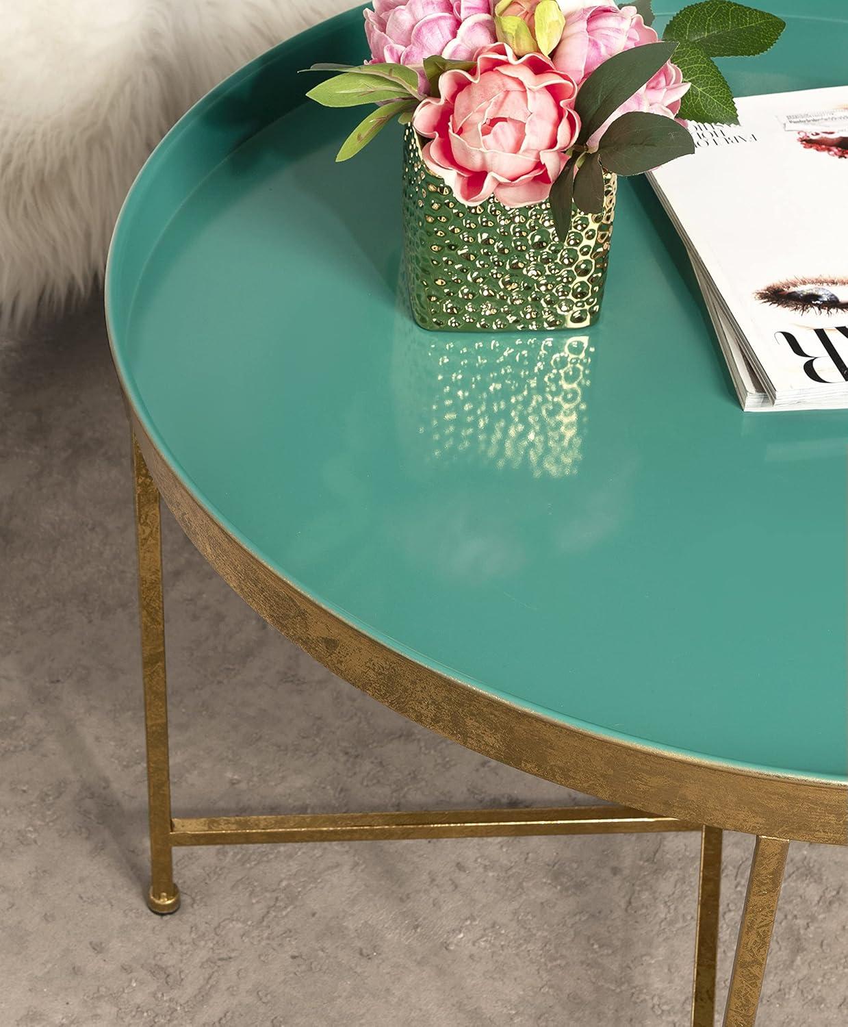 Kate and Laurel Celia Round Metal Coffee Table, 28.25x28.25x19, Teal and Gold