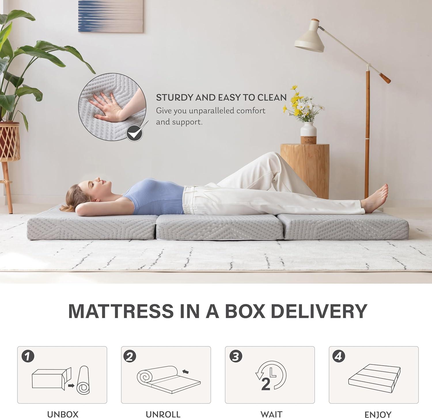 Tri-Fold Memory Foam Mattress, 4 inch Single Folding Mattress with Collapsible and Washable Cover, Travel and Guest Mat, 75"×25"×4", Grey