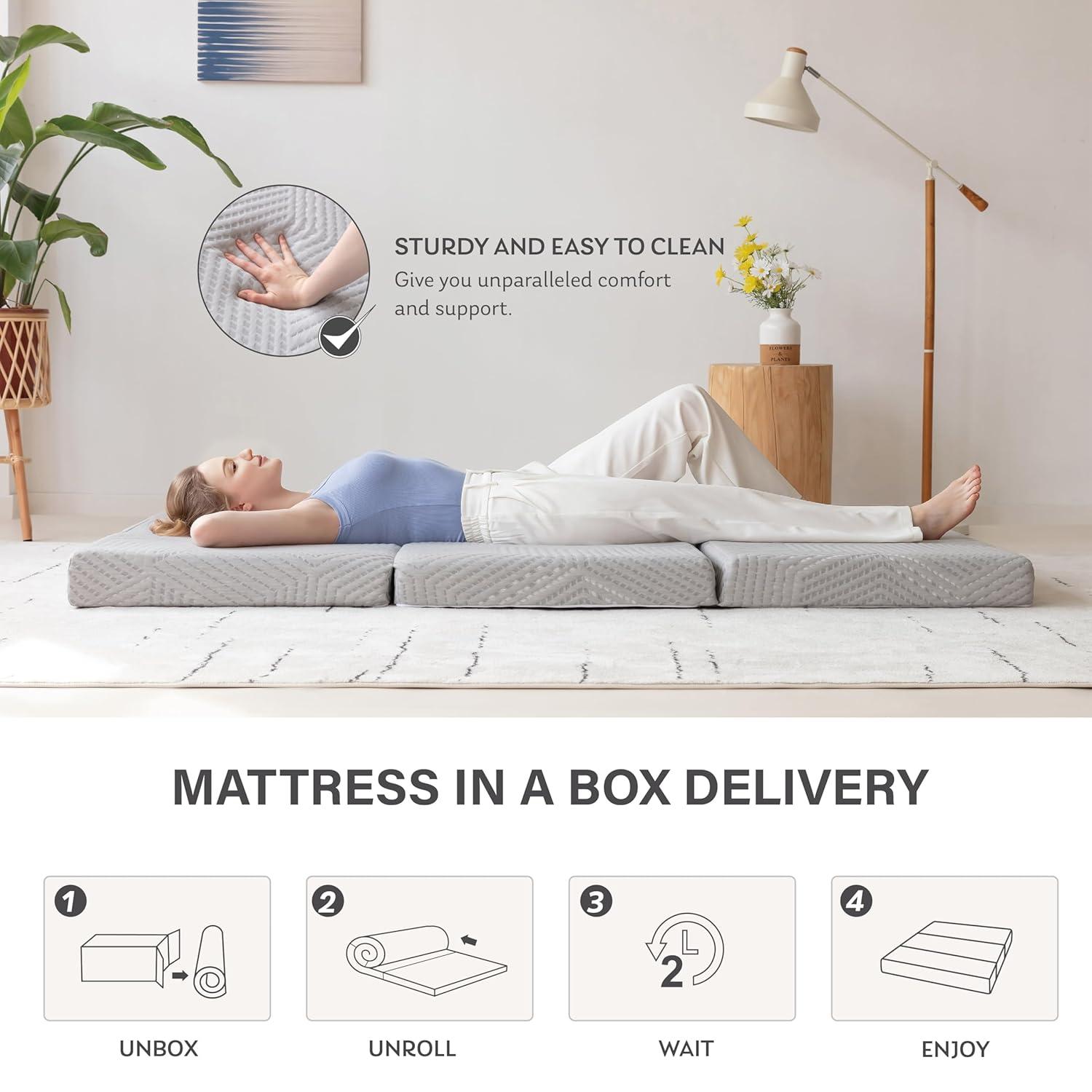 MLILY Tri-Fold Memory Foam Mattress, 4 inch Single Folding Mattress with Collapsible and Washable Cover, Travel and Guest Mat, 75"×25"×4", Grey