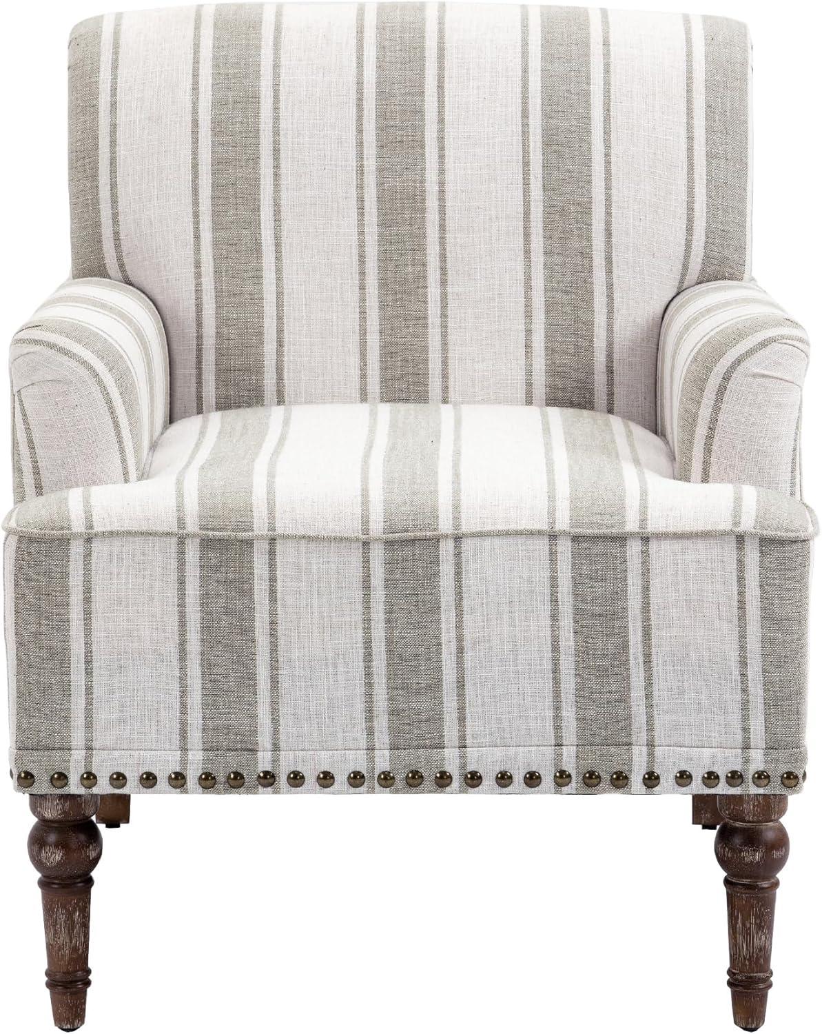 Brown Striped Linen Accent Chair with Wooden Legs