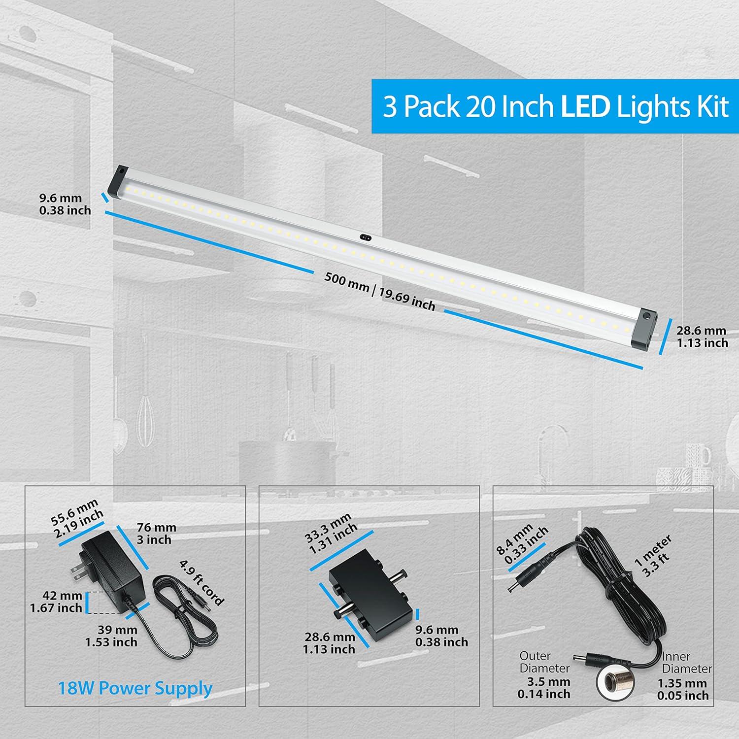 EShine 3 Extra Long 20 inch Panels LED Dimmable Under Cabinet Lighting Kit, Hand Wave Activated - Touchless Dimming Control, Cool White (6000K)