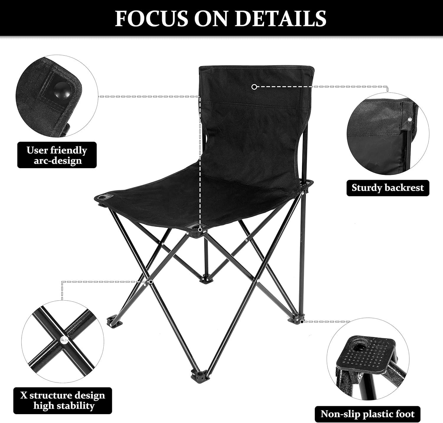 EUROCO Portable Folding Camping Chair Large Oxford Cloth Stool with Carry Bag and Collapsible Anti-Slip Padded for Beach, Hiking, Fishing, Gardening, Picnic, Black