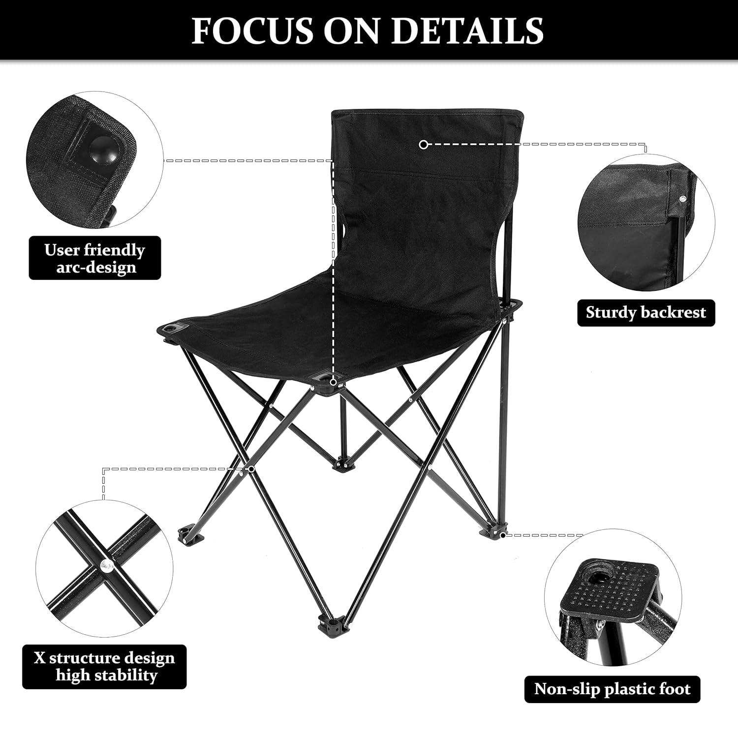 EUROCO Portable Folding Camping Chair Large Oxford Cloth Stool with Carry Bag and Collapsible Anti-Slip Padded for Beach, Hiking, Fishing, Gardening, Picnic, Black