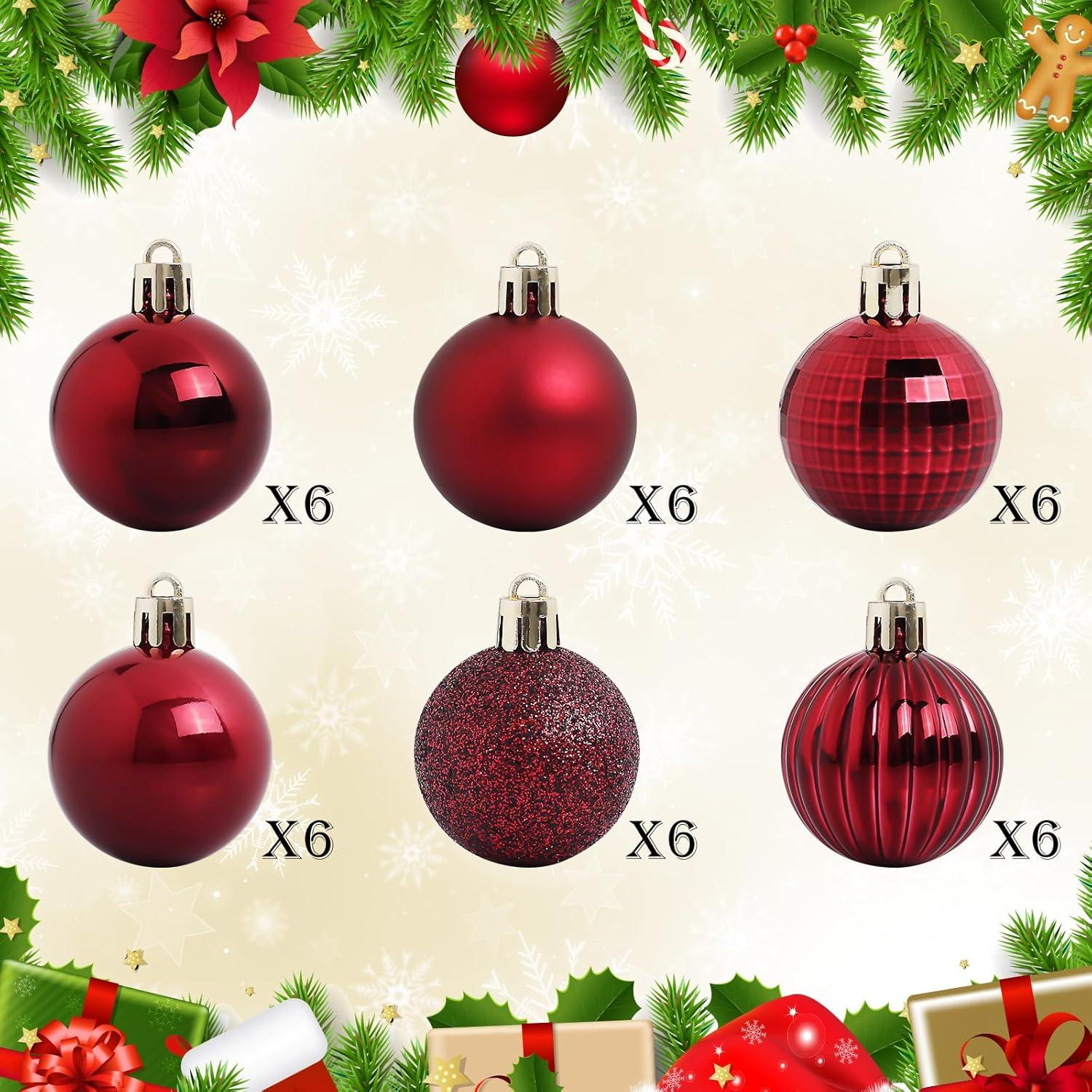 Wine Red Shatterproof Plastic Christmas Ball Ornaments Set