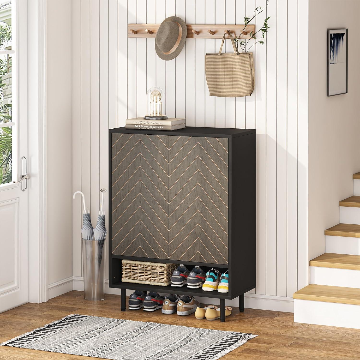 Gray and Black 6-Tier Wood Shoe Cabinet with Herringbone Design