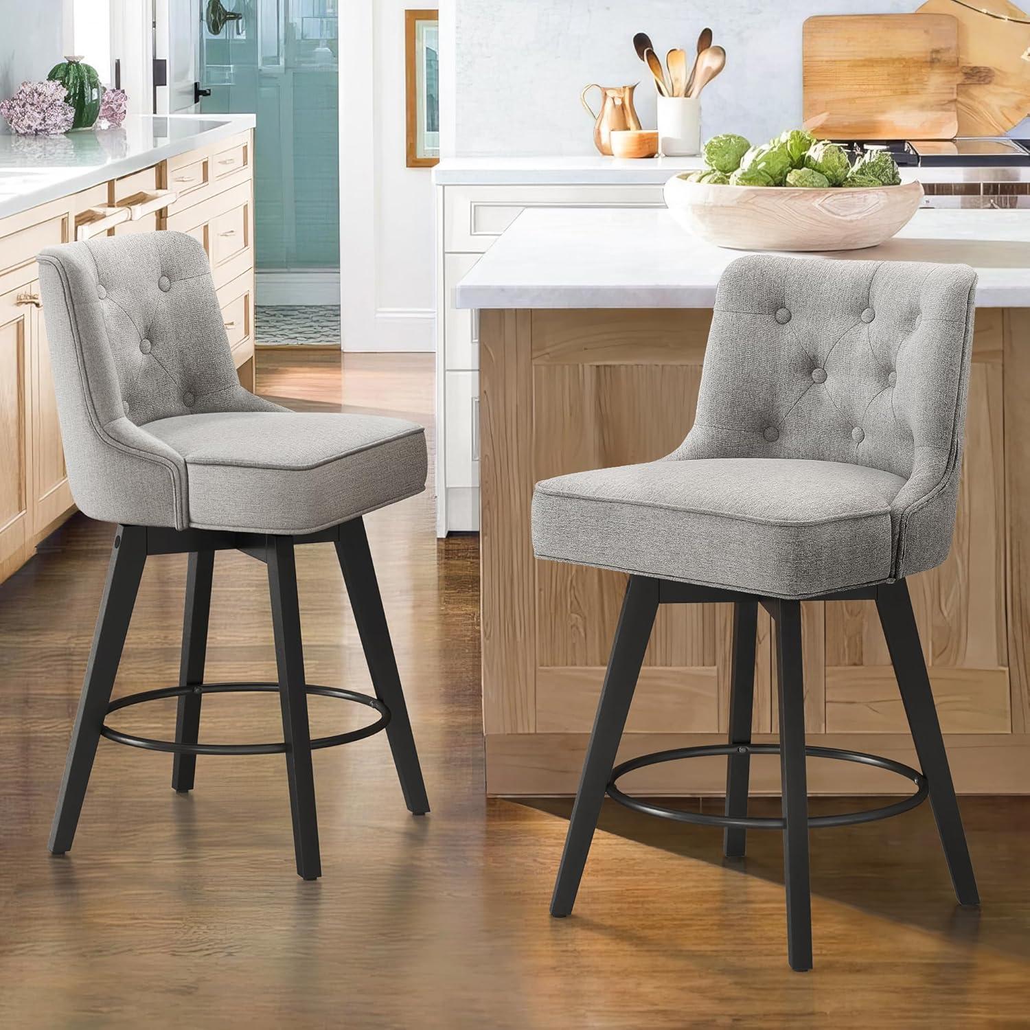 26'' Gray Linen Upholstered Swivel Bar Stools with Wood Legs