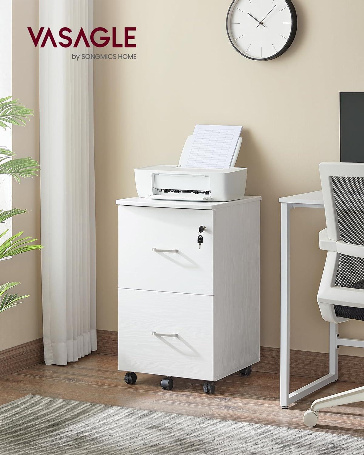 White Mobile 2-Drawer Lockable File Cabinet with Metal Handles