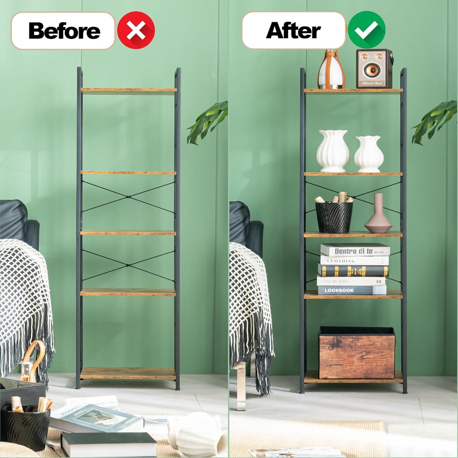 HCHQHS Small Bookshelf, Adjustable 3-Tier Industrial Bookcase, Rustic Open Book Shelf, Wood and Metal Horizontal Bookshelves