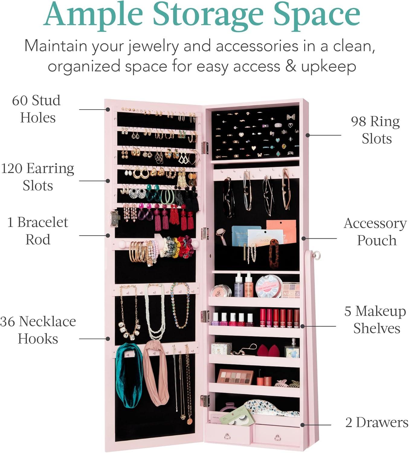 Best Choice Products Jewelry Armoire Cabinet, Full Length Mirror w/ Velvet Storage Interior, Lock