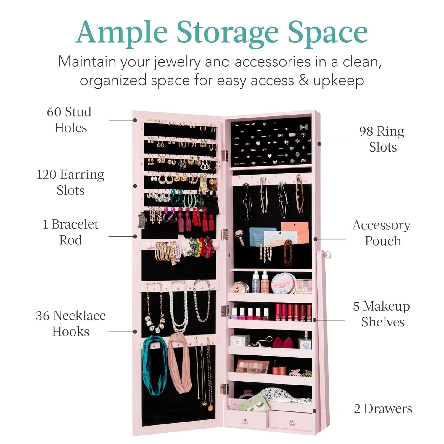 Best Choice Products Jewelry Armoire Cabinet, Full Length Mirror w/ Velvet Storage Interior, Lock - Dusty Pink