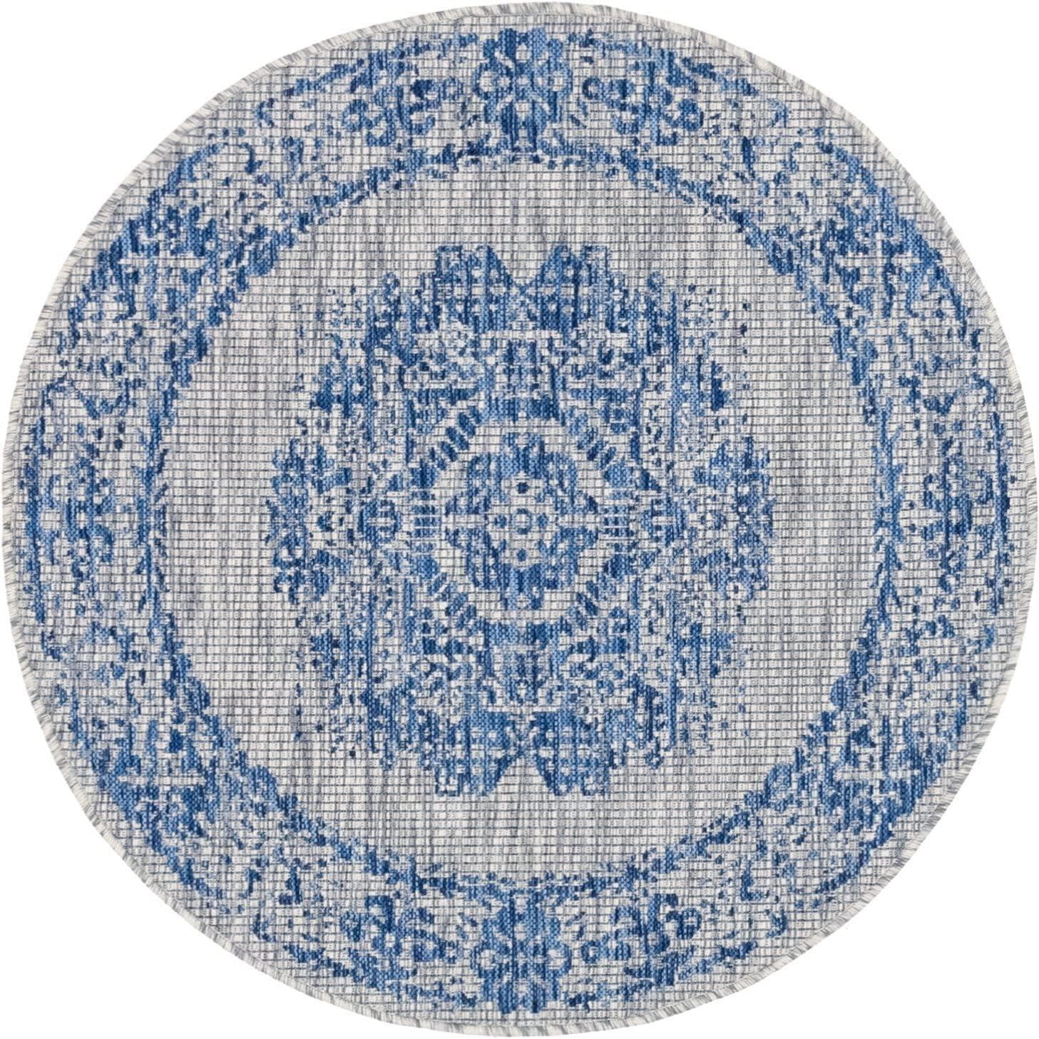 Unique Loom 4' 1 x 4' 1 Round Indoor/Outdoor Traditional Blue Area Rug