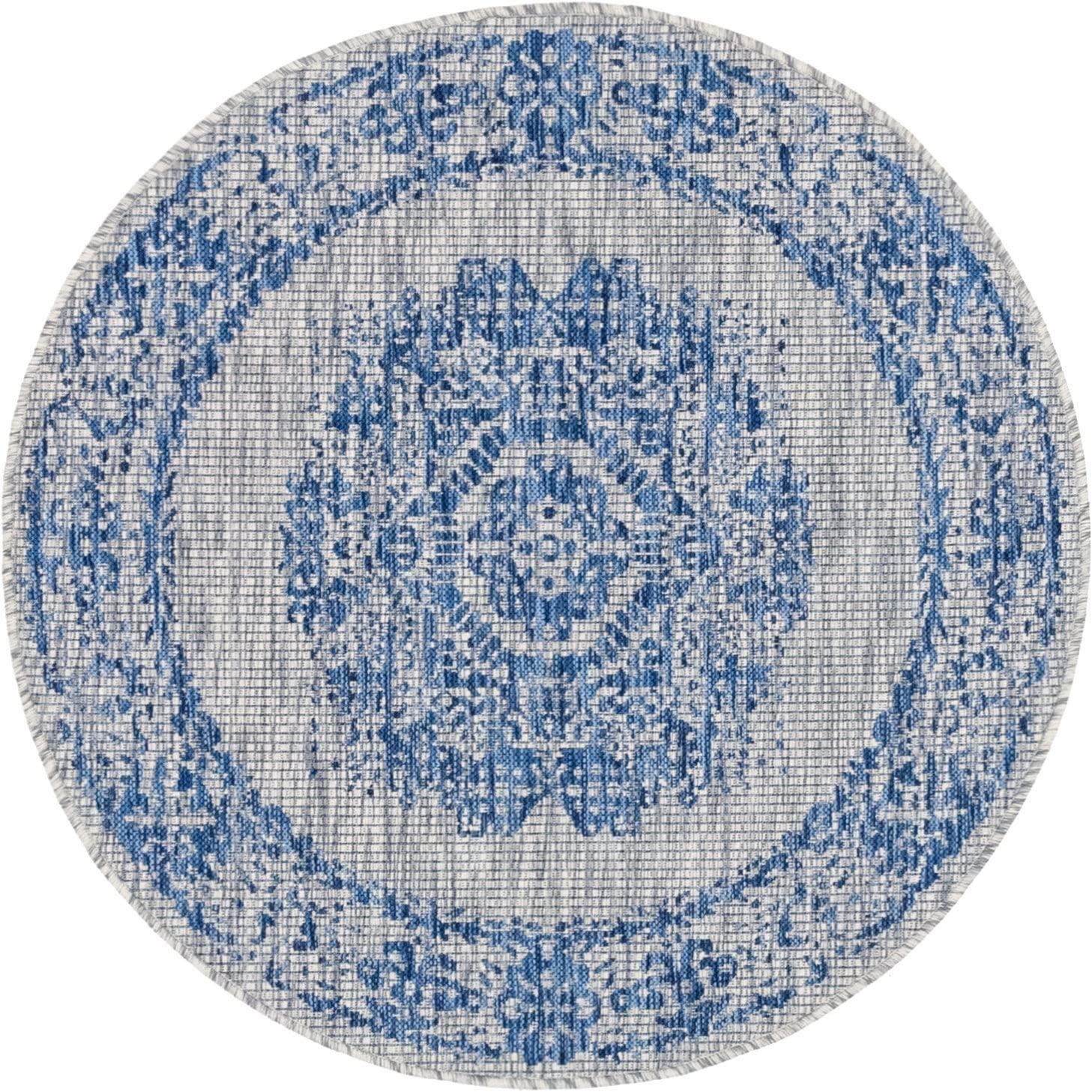 Unique Loom 4' 1 x 4' 1 Round Indoor/Outdoor Traditional Blue Area Rug
