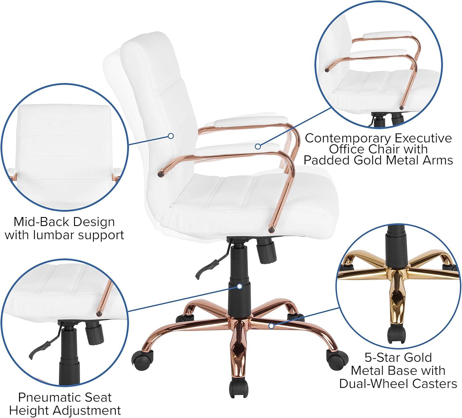 Mid-Back White LeatherSoft Swivel Executive Chair with Rose Gold Metal Frame