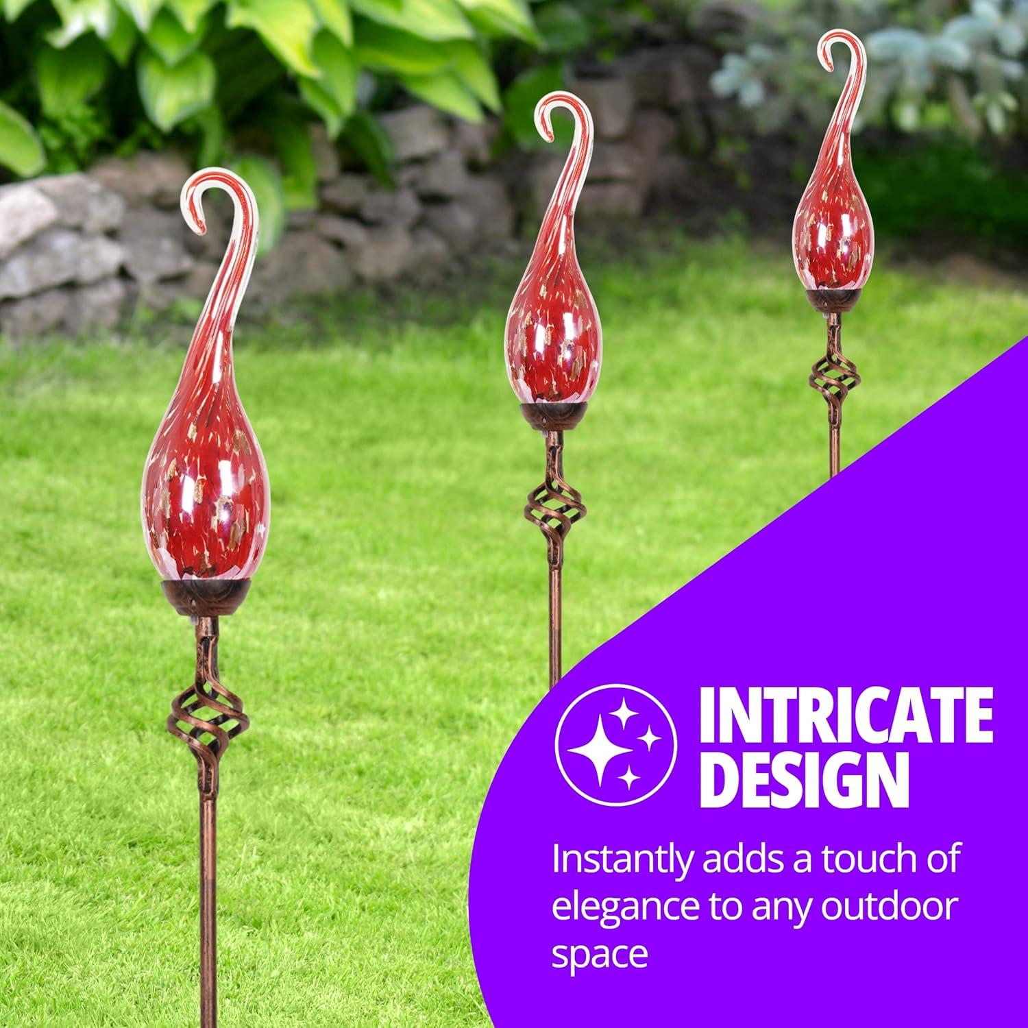 Exhart Solar Hand Blown Pearlized Glass Spiral Flame Garden Stake with Metal Finial Detail, 36 Inch