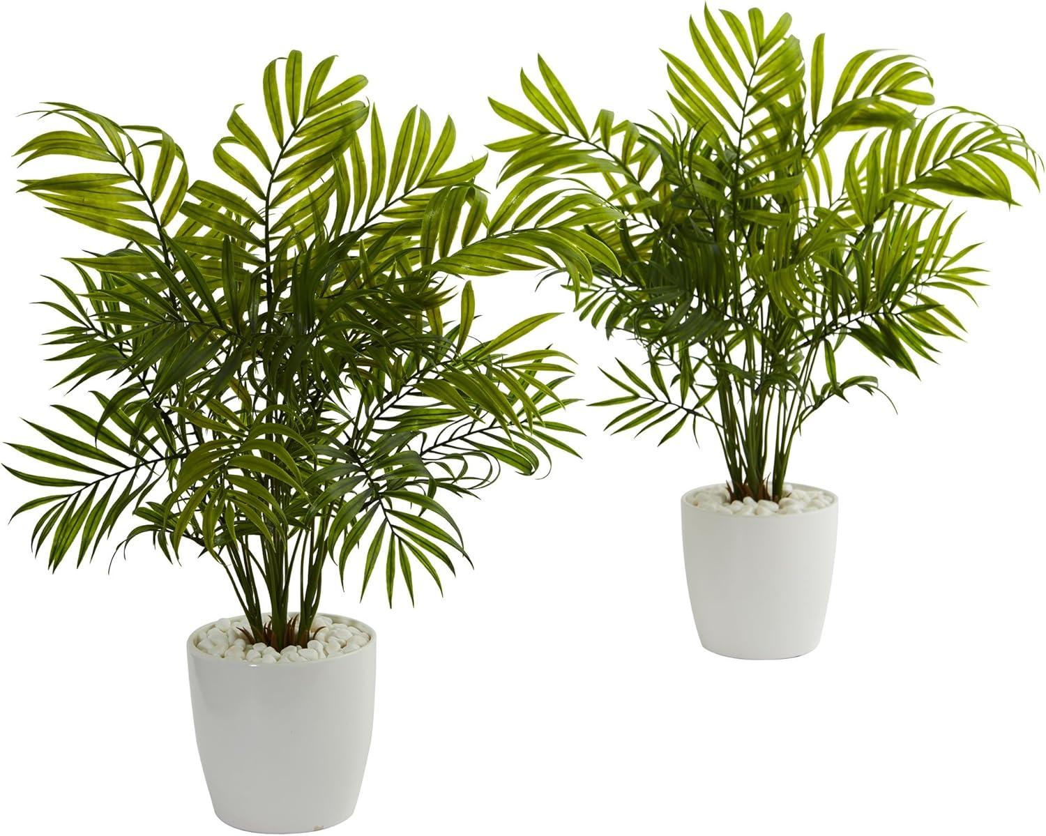 Vibrant Green Palm Leaves in White Planter Set of 2