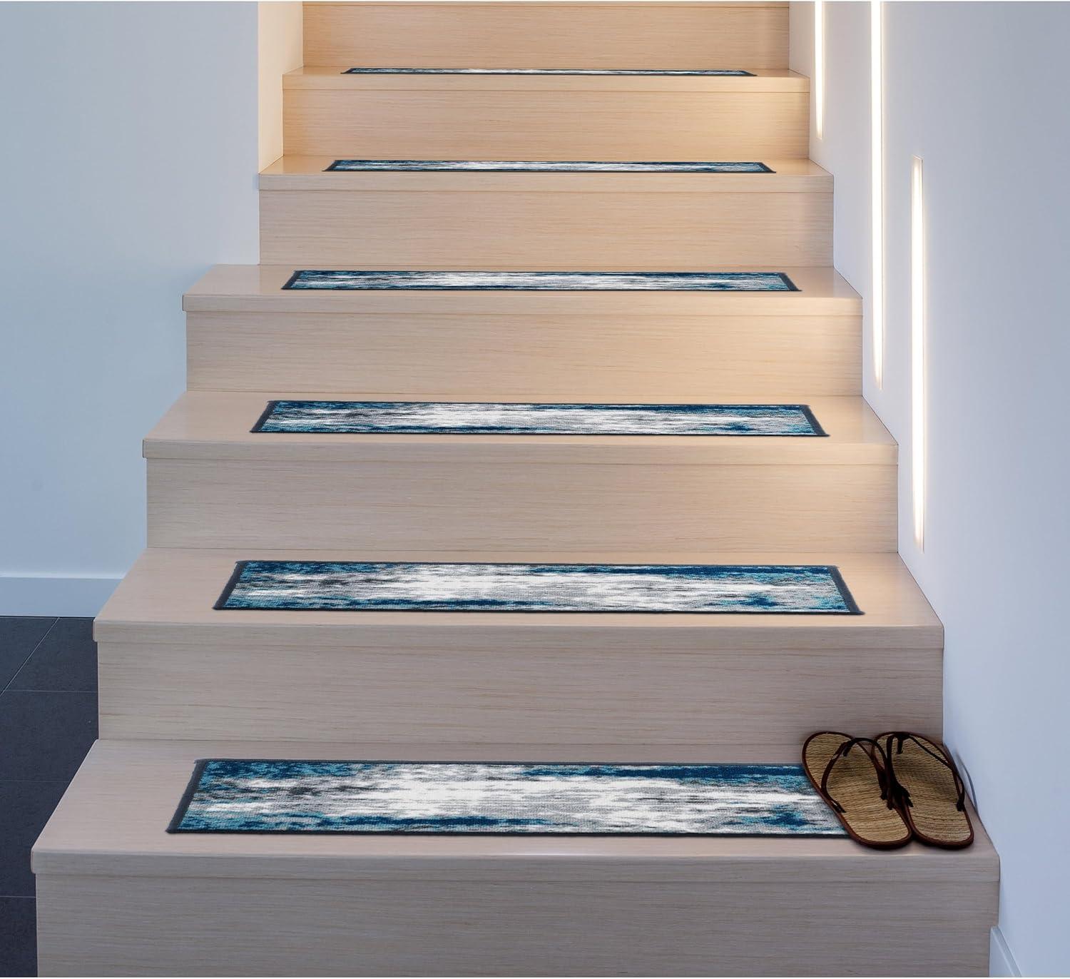 Blue and Gray Abstract Non-Slip Stair Treads Set of 4