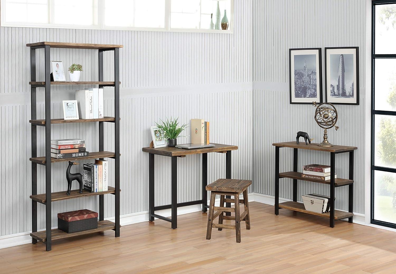 Modern Farmhouse 71" Black Pine Wood Bookcase with Metal Legs