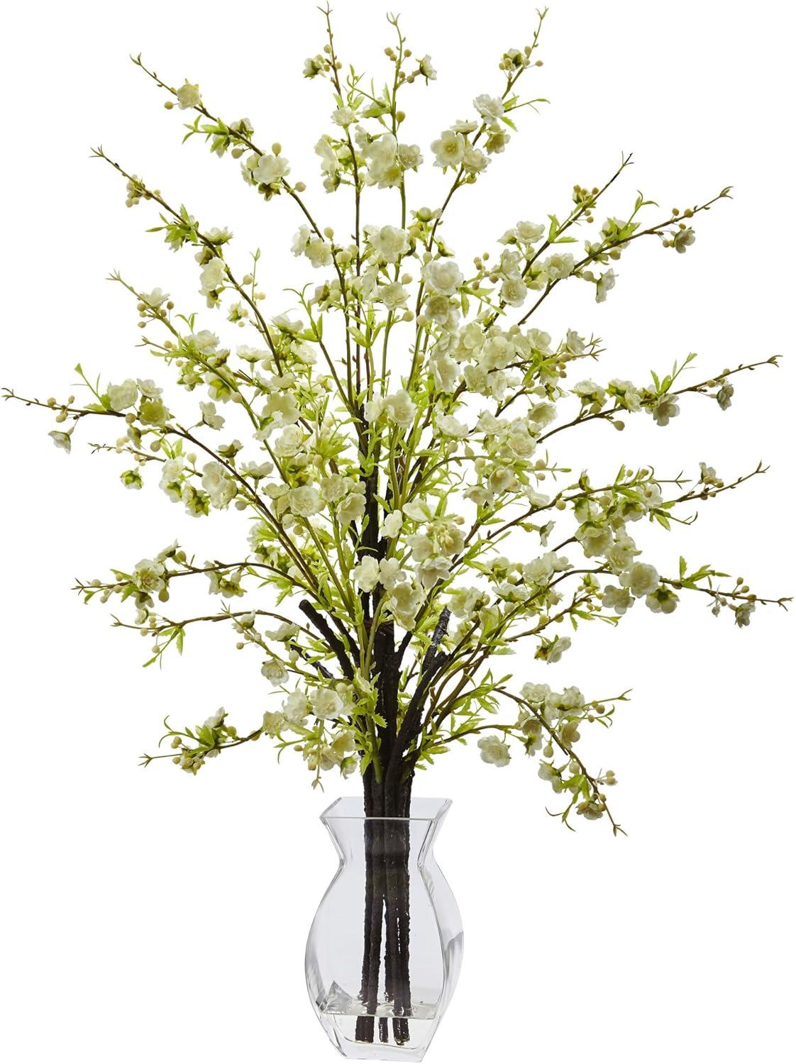 Cherry Blossom in Glass Vase White - Nearly Natural: Silk Faux Plant, Acrylic & Iron Wire Accents