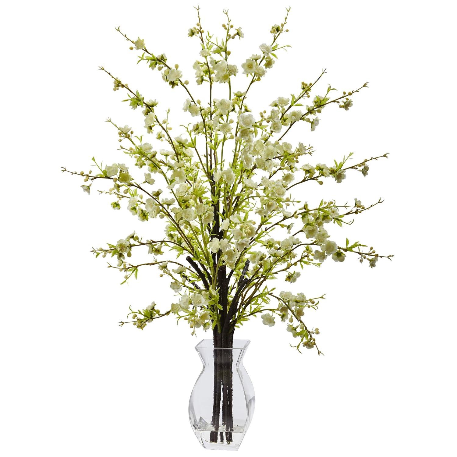 Cherry Blossom in Glass Vase White - Nearly Natural: Silk Faux Plant, Acrylic & Iron Wire Accents