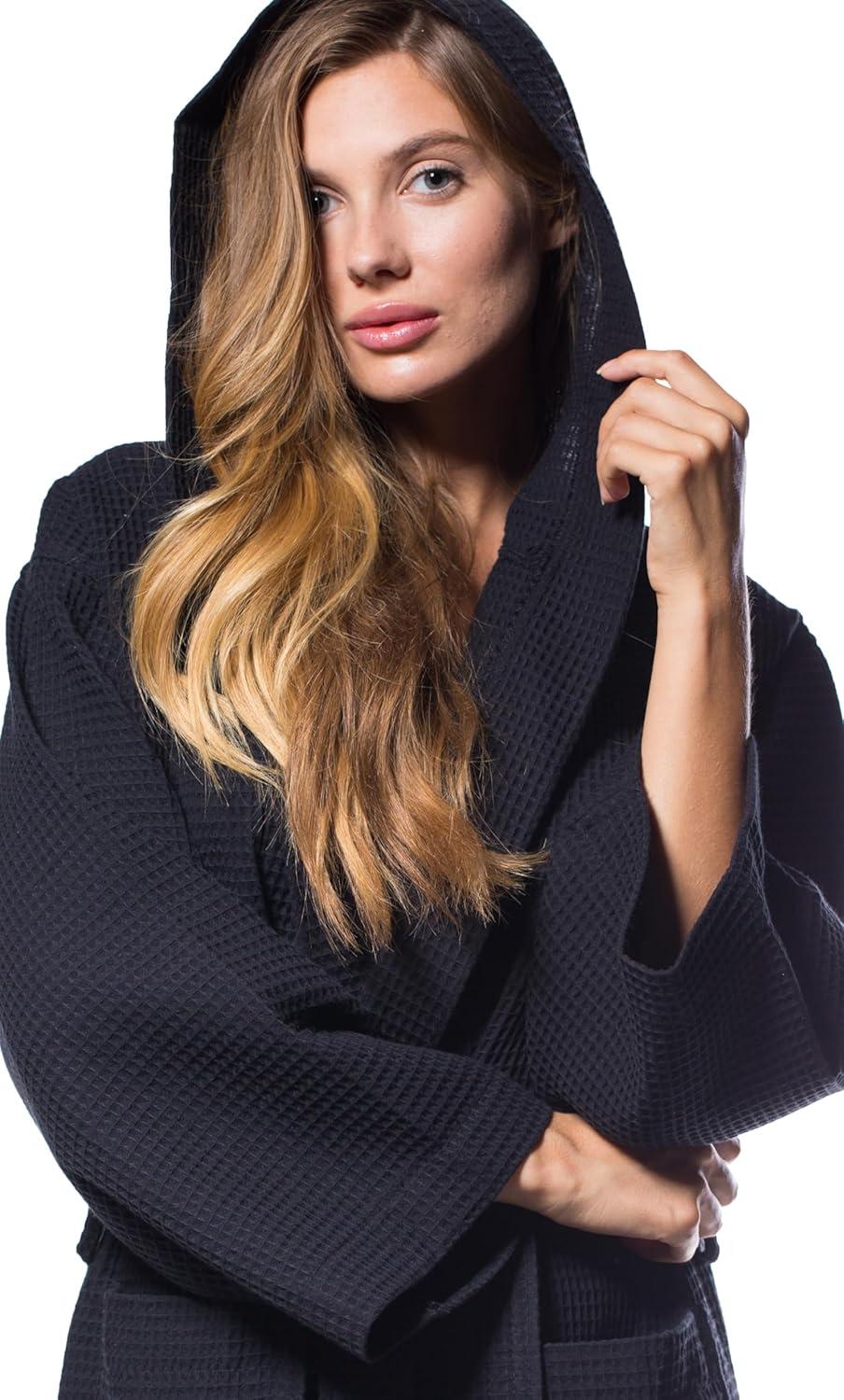 Turquaz Linen Lightweight Long Waffle Kimono Unisex Spa Robe (One Size, Black)