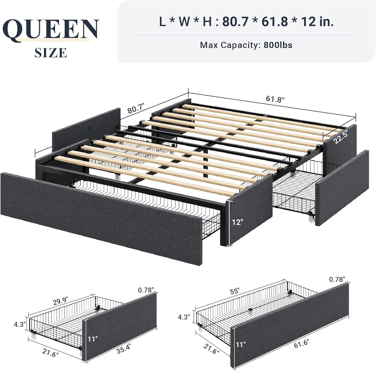 Queen Dark Grey Upholstered Platform Bed with Storage Drawers