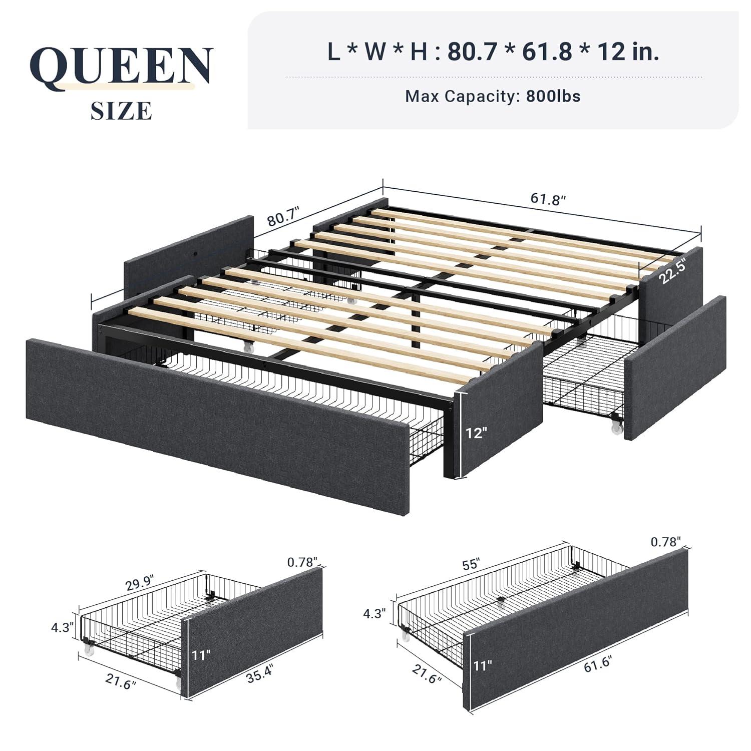 Amolife Base de Cama con Plataforma Tapizada Tamaño Queen con 3 Cajones de Almacenamiento, Gris Oscuro