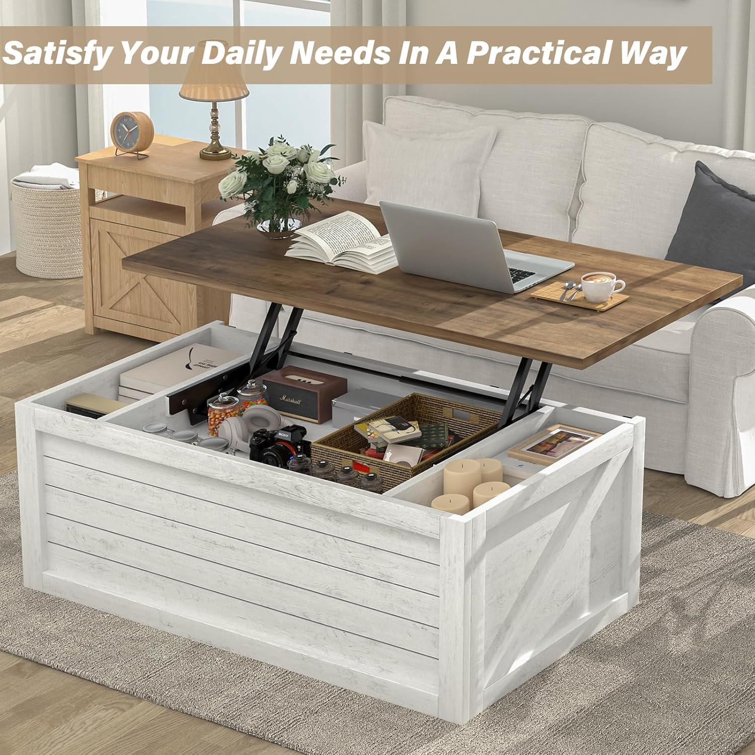 47.3" Lift Top Coffee Table, Farmhouse Coffee Table for Living Room, White Lift Top Coffee Table with Large Hidden Storage Compartment and Sliding Barn Doors, White