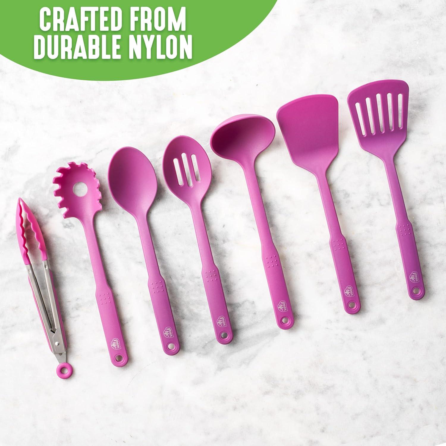 GreenLife Cooking Tools and Utensils, 7 Piece Nylon Set including Spatulas Turner Spoons and Tongs, Dishwasher Safe, Bright Pink