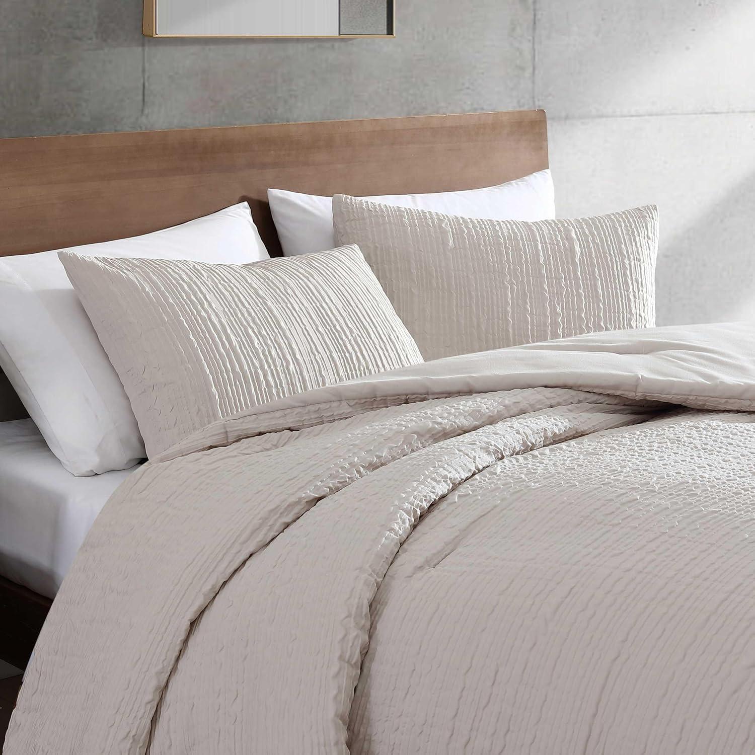 Beige Twin Modern Embossed Duvet Cover Set with Shams