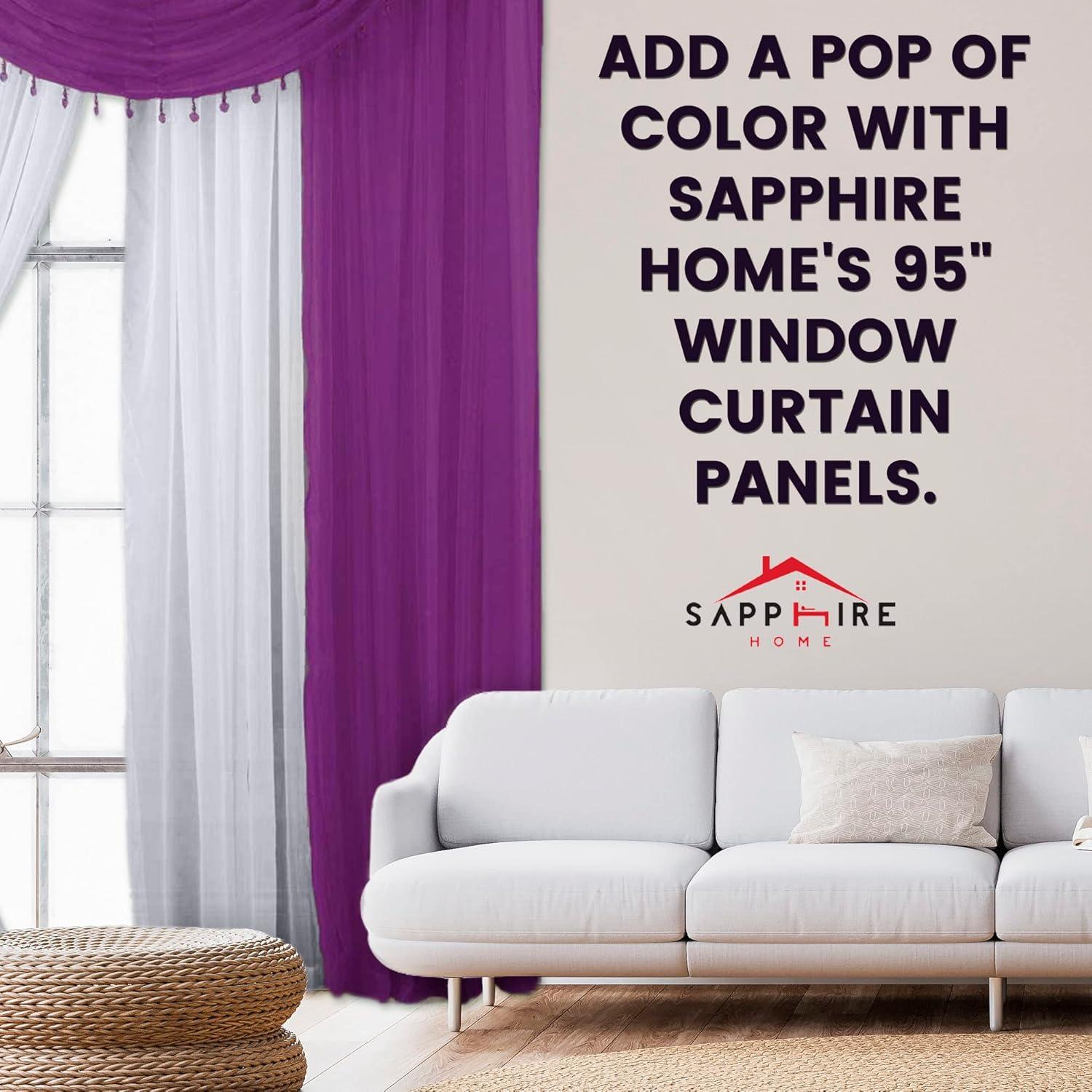 Sapphire Home Complete Window Sheer Curtain Panel Set with 4 Attached Panels 55x95 Each and 2 Valances with Beads and 2 Tiebacks - Easy Installation- Multicolor Purple and White