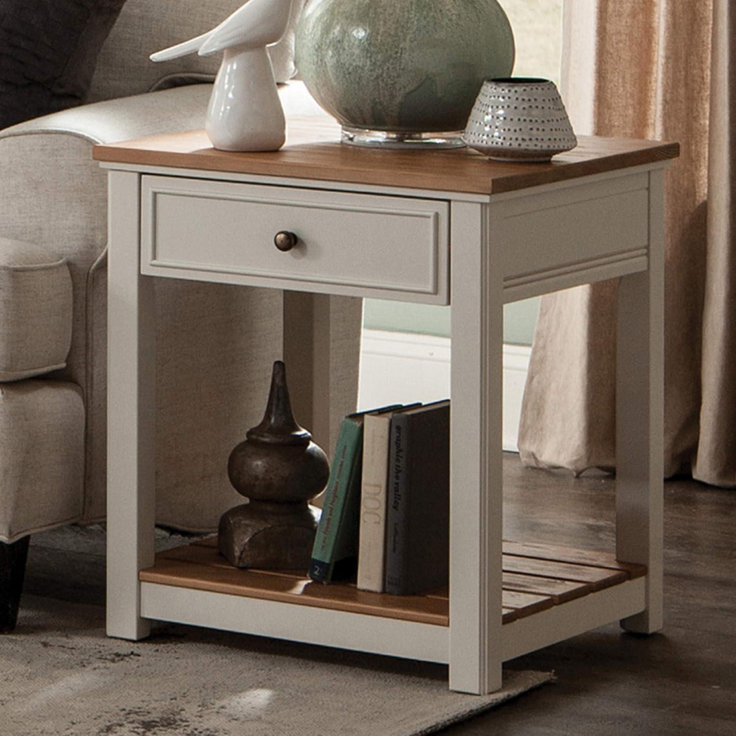 Savannah Coastal Ivory End Table with Natural Wood Top and Storage