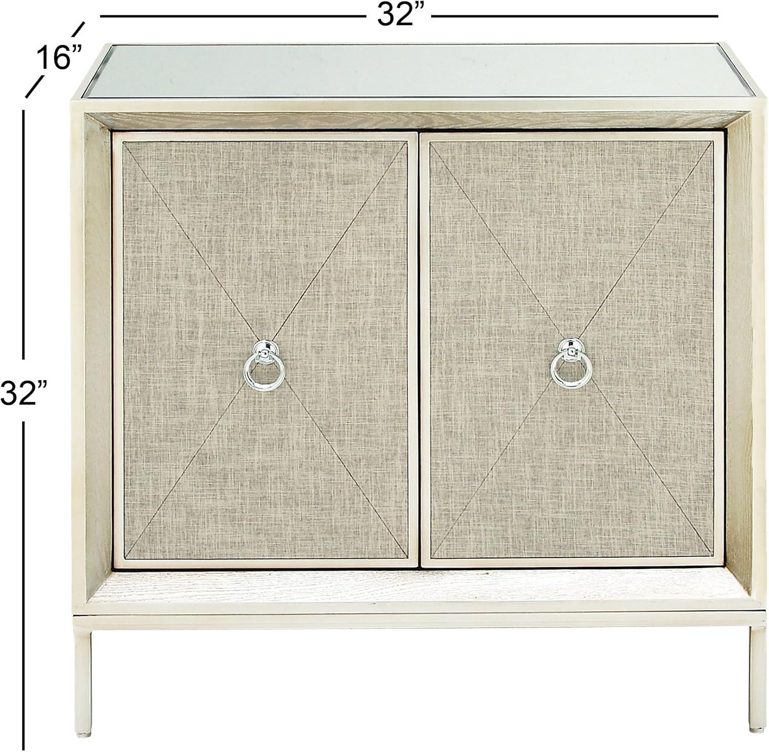 DecMode 32" x 32" Beige Wood Upholstered Front Panel 1 Shelf and 2 Doors Cabinet with Mirrored Top and Ring Handles, 1-Piece